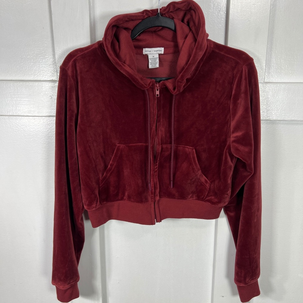 Better Together Velour Zip Up Hoodie Burgundy Cropped Casual Athleisure Womens M